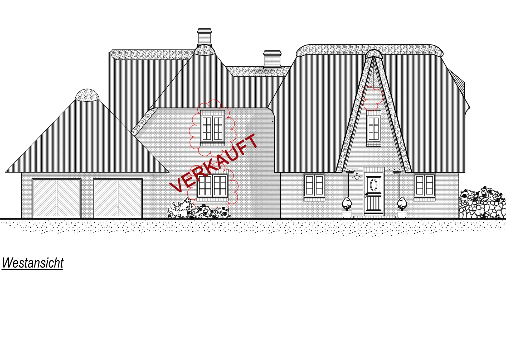 Westansicht - Neubauhaushälften unter Reet mit jeweils einem Garagestellplatz in Rantum