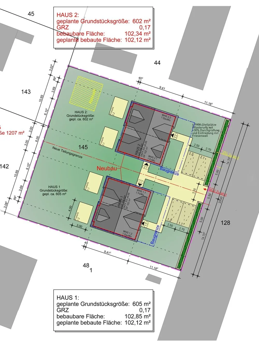 Lageplan - Neubau von zwei Doppelhäusern in stadt- und strandnaher Lage